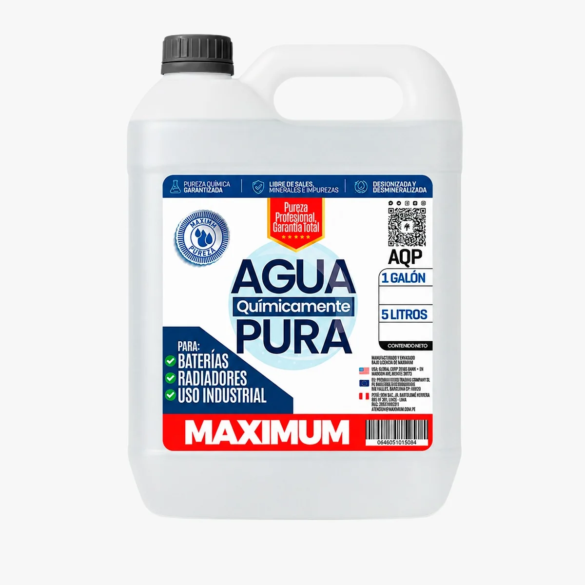 Agua Químicamente Pura Maximum Desionizada y Desmineralizada – 5 LT